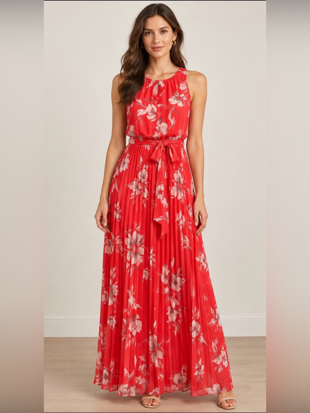 Jessica Howard Floral Pleated Maxi Dress with Waist Tie - Coral Red size 6
